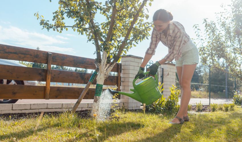 A girl with a green sprinkler, watering a tree on a clear spring day.