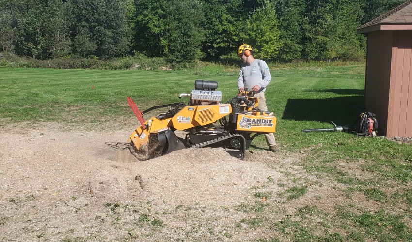 A member of the Hill Treekeepers team with a stump grinder after eliminating a stump in Gardiner, NY.