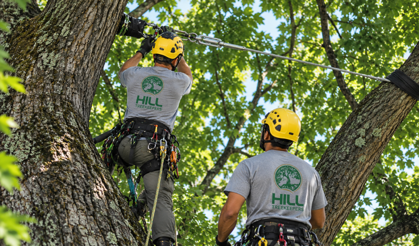 Cables Sit Higher In The Canopy And Limit How Far Supported Limbs Can Move Apart, Often Without Being Noticeable Once The Tree Leafs Out. Arborist installing a high-strength tree cable between two major limbs high in the canopy as part of tree cabling and bracing.